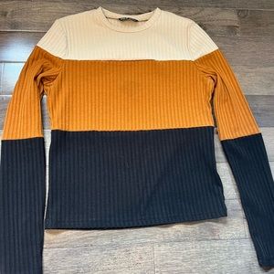 Long sleeve tri-colour striped top